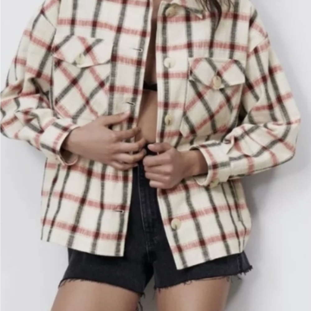 Zara sold out plaid red black and cream mid-weight button up top
